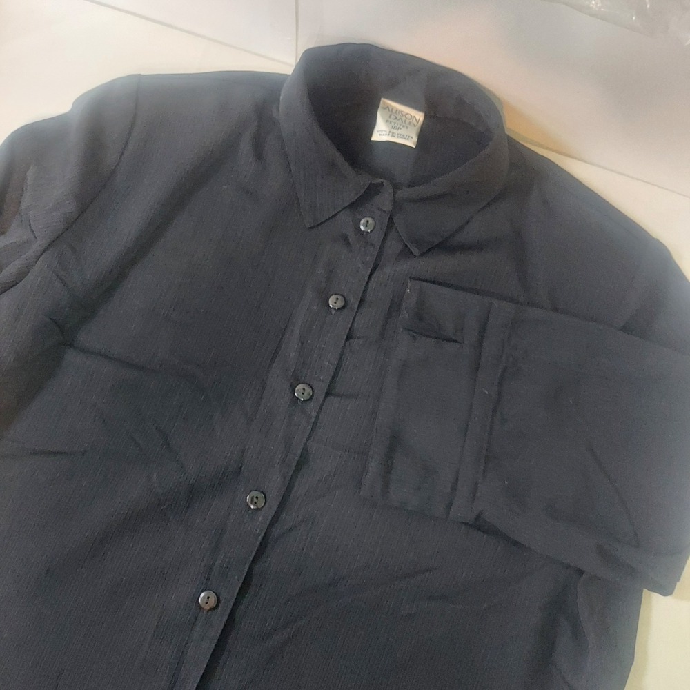 Allison Daley‎ Petites Black Button Front Blouse 3/4 Sleeve Textured Top 16P